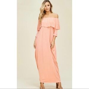 Off the should 3/4 sleeve dress. Peach. NWOT